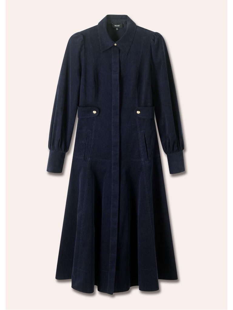 Nwt Me+Em Fluid Corduroy Gold Button Midi Shirt Dress In Navy